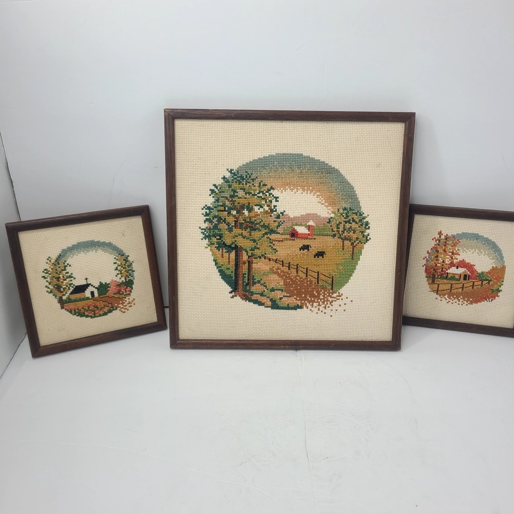 Vtg Framed Cross Stitch Set Landscape Farm Country Cottage Wall Art Decor Trio